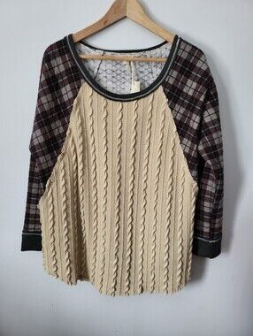 New MYSTREE Cream Knit Top with Black Trim and Subtle Plaid